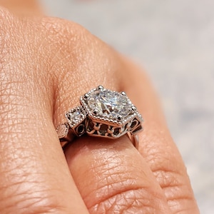 Vintage moissanite engagement ring 14k white gold diamond Art deco wedding ring diamond Vintage Filigree Ring engagement anniversary promise