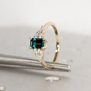 Emerald Ring Vintage Emerald Engagement Ring 14K Yellow Gold Ring Gift Unique Antique Wedding Promise Anniversary Ring For Her