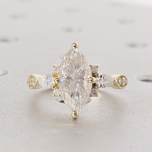 Vintage Marquise Moissanite Engagement Ring in Yellow Gold, Art Deco Promise Ring, Art Nouveau, Ornate Victorian Style Bridal Ring For Women