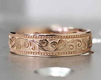 Floral Wedding Band For Him Womens Wedding Band For Her Womens Wedding Ring 14k White Yellow or Rose Gold Band Petunia Gold Ring Skinny Band