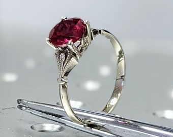 Vintage robijnrode verlovingsring 14k witgoud, robijnrode verlovingsring, antieke rond geslepen bruidsring | Art deco Ring Milgrain trouwring