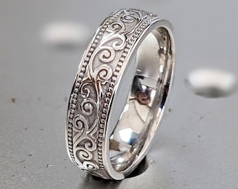 Floral Wedding Band For Him Womens Wedding Band For Her Womens Wedding Ring 14k White Yellow or Rose Gold Band Petunia Gold Ring Skinny Band