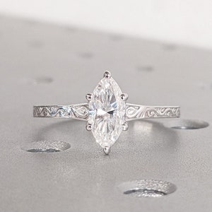 Marquise Cut Moissanite Ring Vintage Moissanite Engagement Ring 14K Solid Gold Unique Classic Solitaire Engagement Ring Filigree Hand Carved
