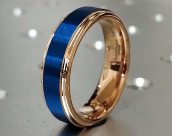 Anillo de tungsteno azul para hombres, anillo de boda de tungsteno azul, anillo de oro azul y rosa, banda de oro rosa con azul, anillo azul de oro rosa de la banda de bodas