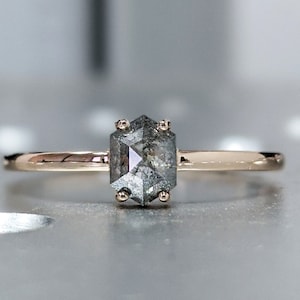 Raw Diamond, Salt and Pepper, Hexagon, Unique Engagement Ring, Rose Cut Geometric Diamond Ring, 14k Gold, Custom Handmade