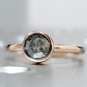 Raw Diamond, Unique Engagement, Salt and Pepper, Black diamond, Rose Cut, Bezel setting, Simple Alternative, Custom Handmade Diamond Ring