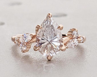 Pear Moissanite Nature Engagement Ring / Diamond Accent Leaves on Twig Ring / Dainty Leaf Ring / 14K Rose Gold / Unique Promise Ring For Her