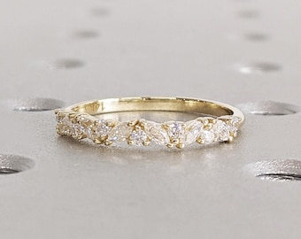 Fascia abbinata vintage, fascia mezza eternità, oro bianco rosa 14k 18k, fascia nuziale con diamanti moissanite tondi a grappolo marquise, regalo di anniversario