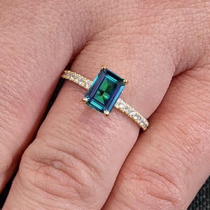 Unique Teal Sapphire Gemstone Engagement Ring | Emerald cut Sapphire Ring | Sapphire Gold Rings for Women | Delicate Anniversary Ring Gift