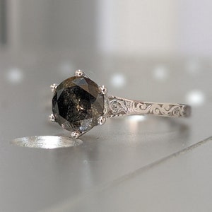 Dark Raw Salt and Pepper Diamond Rose /White /Yellow Gold Engagement Ring Art Deco 1920's Inspired Thin Petite Band 14k Unique Ring for Her