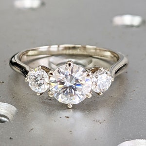 White Gold Three Stone Moissanite Engagement Ring, three stone ring, Anniversary gift for her, White Moissanite Diamond Engagement Ring