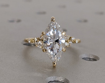 Marquise Cut Moissanite Ring Vintage Moissanite Engagement Ring Solid Gold Unique Snowdrift 6 Prongs Engagement Ring Diamond Wedding Ring
