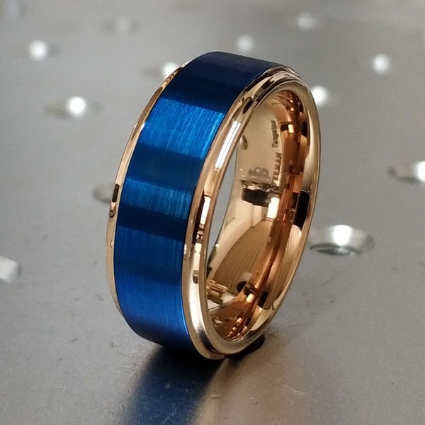 Blue Tungsten Ring For Men, Blue Tungsten Wedding Ring, Blue And Rose Gold Ring, Rose Gold Band With Blue, Wedding Band Rose Gold Blue Ring