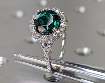 Green emerald engagement ring rose gold 14K/18K emerald ring may birthstone ring diamond wedding ring unique halo promise ring