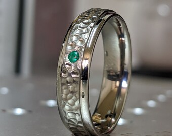 Green Emerald Titanium Hammered Wedding Ring Engagement Ring Brushed Satin 6mm - Green Emerald Wedding Band, Emerald Titanium Ring