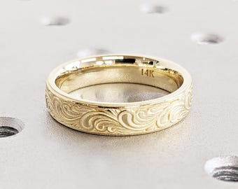 Filigree Vintage Wedding Band: 5mm, 14K Yellow Gold, Art Deco Feather Filigree Ring, Antique Art Nouveau Floral Ring, Handmade