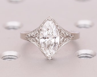 Vintage Lab Created Diamond Marquise Ring, IGI Certified Engagement Rings, Unique Handmade Jewelry, Scrollwork Platinum Promise Ring for Her