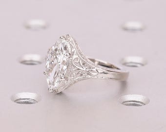 Lab Grown Diamond Marquise Engagement Ring, Platinum Filigree Ring, Heirloom Jewelry
