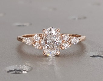 Lab Diamond Oval Engagement Ring, Oval Lab Diamond and Multi-Stone Wedding Ring, Rose Gold Lab Diamond Ring, Cluster Ring, Anniversary Gift