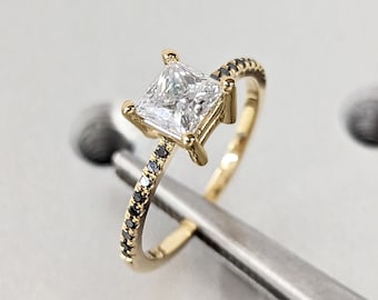 Vintage Moissanite Engagement Ring Set Unique Yellow Gold Engagement Ring Set Dainty Diamond Bridal Set Promise Ring Anniversary Gift