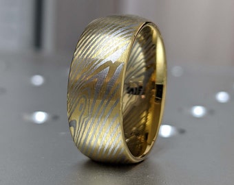 Yellow Gold Brushed Mokume Gane Tungsten - Forged Ring- Mokume Band - Damascus Ring- Two Color Mokume- Mokume Wedding Bands - Mokumegane