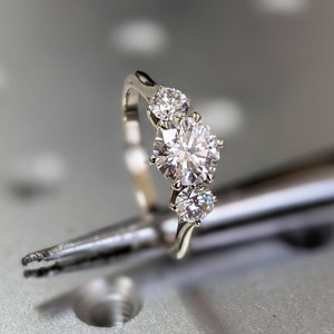White Gold Three Stone Moissanite Engagement Ring, three stone ring, Anniversary gift for her, White Moissanite Diamond Engagement Ring