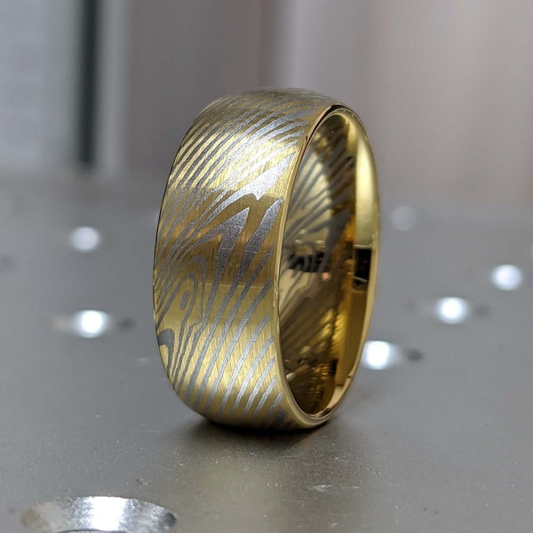 Yellow Gold Brushed Mokume Gane Tungsten - Forged Ring- Mokume Band - Damascus Ring- Two Color Mokume- Mokume Wedding Bands - Mokumegane