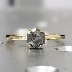 Raw Diamond, Salt and Pepper, Hexagon, Unique Engagement Ring, Rose Cut Geometric Diamond Ring, 14k Gold, Custom Handmade