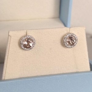 Lab Morganite and Moissanite Halo Wedding Earrings for Her | 14k 18k White Gold Round Studs Earrings | Blush Pink Morganite Studs Earrings