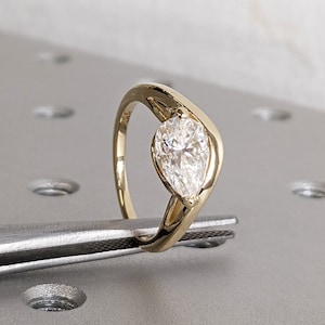 Horizontal Pear Cut Engagement Ring, Solitaire Lab Diamond Wedding Ring, East To West Ring, Unique Engagement Pear Ring, 14K Solid Gold Ring