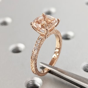 Cushion Cut Morganite Engagement Ring Set Rose Gold Pink Morganite Wedding Ring Set Diamond Filigree Carved Wedding Band Women Bridal Set