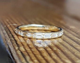 Baguette Diamond Ring / 14k Gold Half Eternity Baguette Diamond Stackable Ring / 2.0MM Ultra Thin Baguette Diamond Wedding Ring