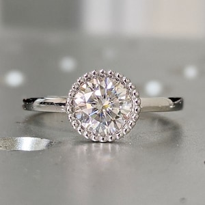 White Gold Round Bezel Ring Unique Milgrain Moissanite Engagement Ring, Milgrained Bezel, 14k Gold, Moissanite Engagement Ring Nyla