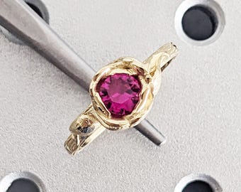 Red Ruby Flower Ring, Red Rose Ring, Round Lab Ruby Ring, Vintage Floral Ruby Ring, Nature Engagement Ring, 14K Yellow Gold