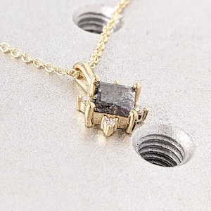 Square Shape Diamond Pendant 18k Gold Chain Necklace | Genuine Salt and Pepper Grey Diamond Wedding Necklace | Anniversary Gift for Wife
