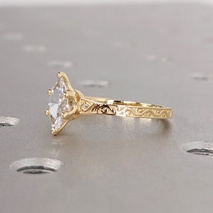 Marquise Cut Moissanite Ring Vintage Moissanite Engagement Ring Solid Gold Unique Classic Solitaire Engagement Ring Filigree Hand Carved