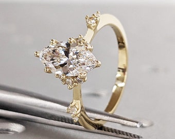 Anello di fidanzamento ispirato allo stile vintage, anello con diamante di laboratorio taglio marquise, anello di fidanzamento unico Art Déco Marquise, anello di anniversario 14K