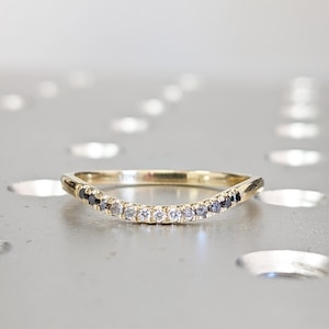 Curved Salt and Pepper Diamond Wedding Band Half Eternity Thin 14K 18K Gold Platinum Gradient Ombre White Gray Black Vintage Ring Stacking