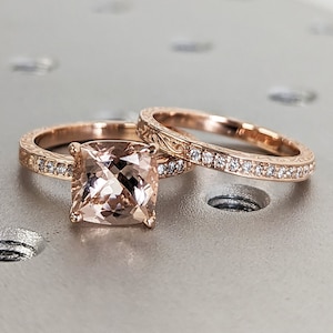 Cushion Cut Morganite Engagement Ring Set Rose Gold Pink Morganite Wedding Ring Set Diamond Filigree Carved Wedding Band Women Bridal Set