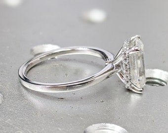 Diamond Hidden Halo Emerald Cut Solitaire Engagement Ring, Emerald Cut Engagement Ring, Emerald Cut Ring, 3 Ct Solid 14k Engagement Ring