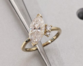 Asymmetrical Marquise Engagement Ring, Multi Shape Lab Diamond Marquise Ring, Vintage Inspired Trellis Navette Ring, Solid Gold Cluster Ring