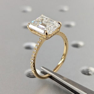 Hidden Halo Emerald Cut Solitaire Engagement Ring, Emerald Cut Engagement Ring, Emerald Cut Ring, 4Ct Solid 14k Moissanite Engagement Ring