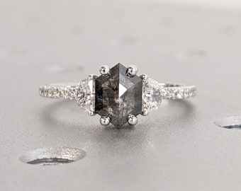 Galaxy Raw Salt and Pepper Diamond Ring- Hexagon Cut Diamond Engagement Ring Sets- Unique Bridal Geometric Diamond Promise Ring- Half Moon