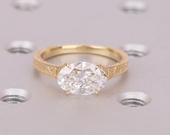 Vintage East West Oval Lab Diamond Engagement Ring, 18K Gold Custom Filigree Engraved Band, Claw Prong Wedding Ring