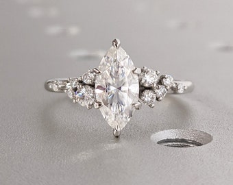 Marquise Cut Moissanite Ring Vintage Moissanite Engagement Ring Solid Gold Unique Snowdrift 6 Prongs Engagement Ring Diamond Wedding Ring