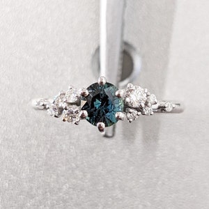 Blue Green Sapphire Ring. Peacock Engagement Ring. Round Teal Sapphire Ring. 14K White Gold Engagement Ring. Cluster Diamond Ring. Art Deco.