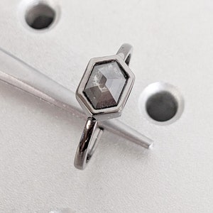 Hexagon Cut Dark Grey Raw Diamond Promise Ring | 14k Black Gold Salt and Pepper Ring | Solitaire Anniversary Ring | Dainty Ring for Women