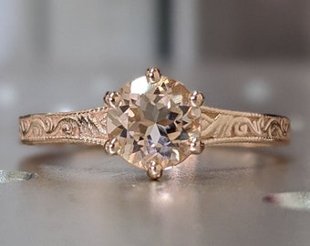 Rose Gold Vintage Morganite Solitaire Ring, Morganite Ring, Antique Design, Squared Milgrained Edges, Basket Setting