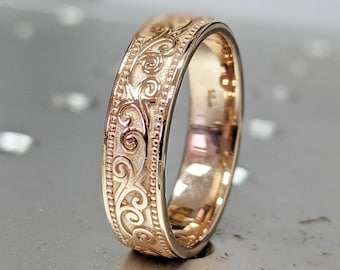Gouden matte trouwring, 14 kt gouden bloemen trouwring, filigraan trouwring, unieke trouwring 14 kt gouden bloemenpatroon band