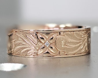 Diamond Floral Wedding Band For Him Womens Wedding Band For Her Womens Wedding Ring 14k White Yellow or Rose Gold Band Petunia Gold Ring